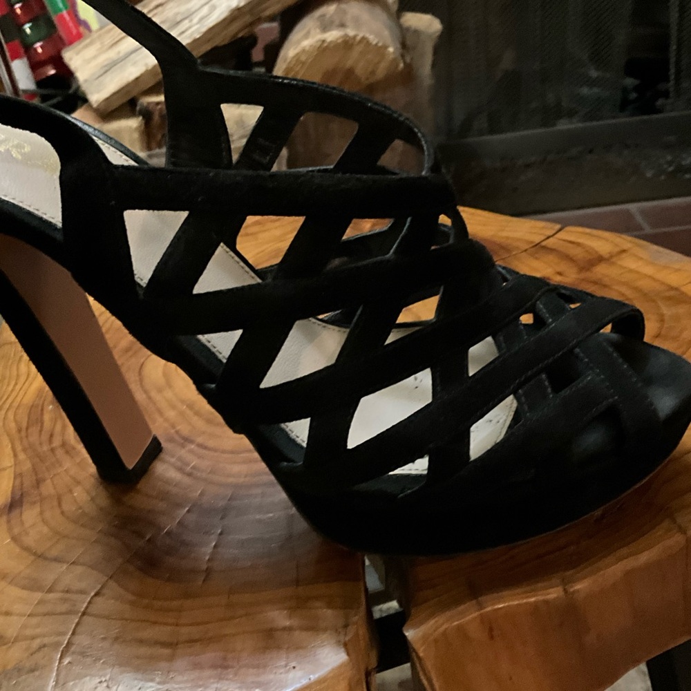 PRADA black suede platform sandals with 5” covered heel and woven vamp 8.5